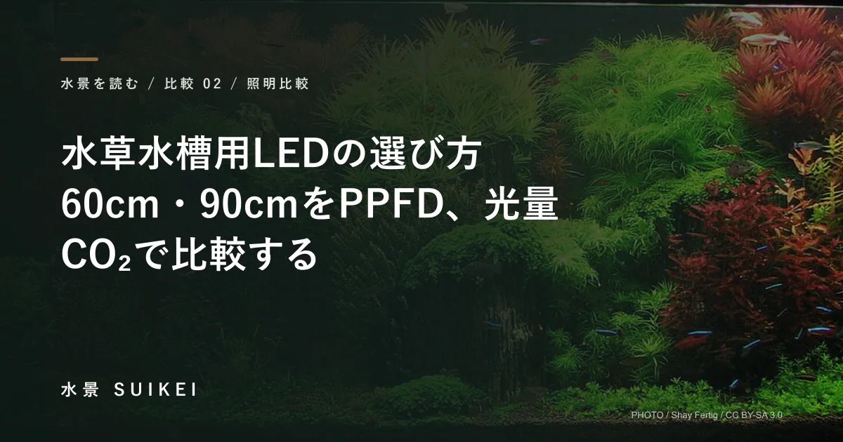 水草水槽用LEDの選び方。60cm・90cmをPPFD、光量、CO₂で比較するの記事サムネイル